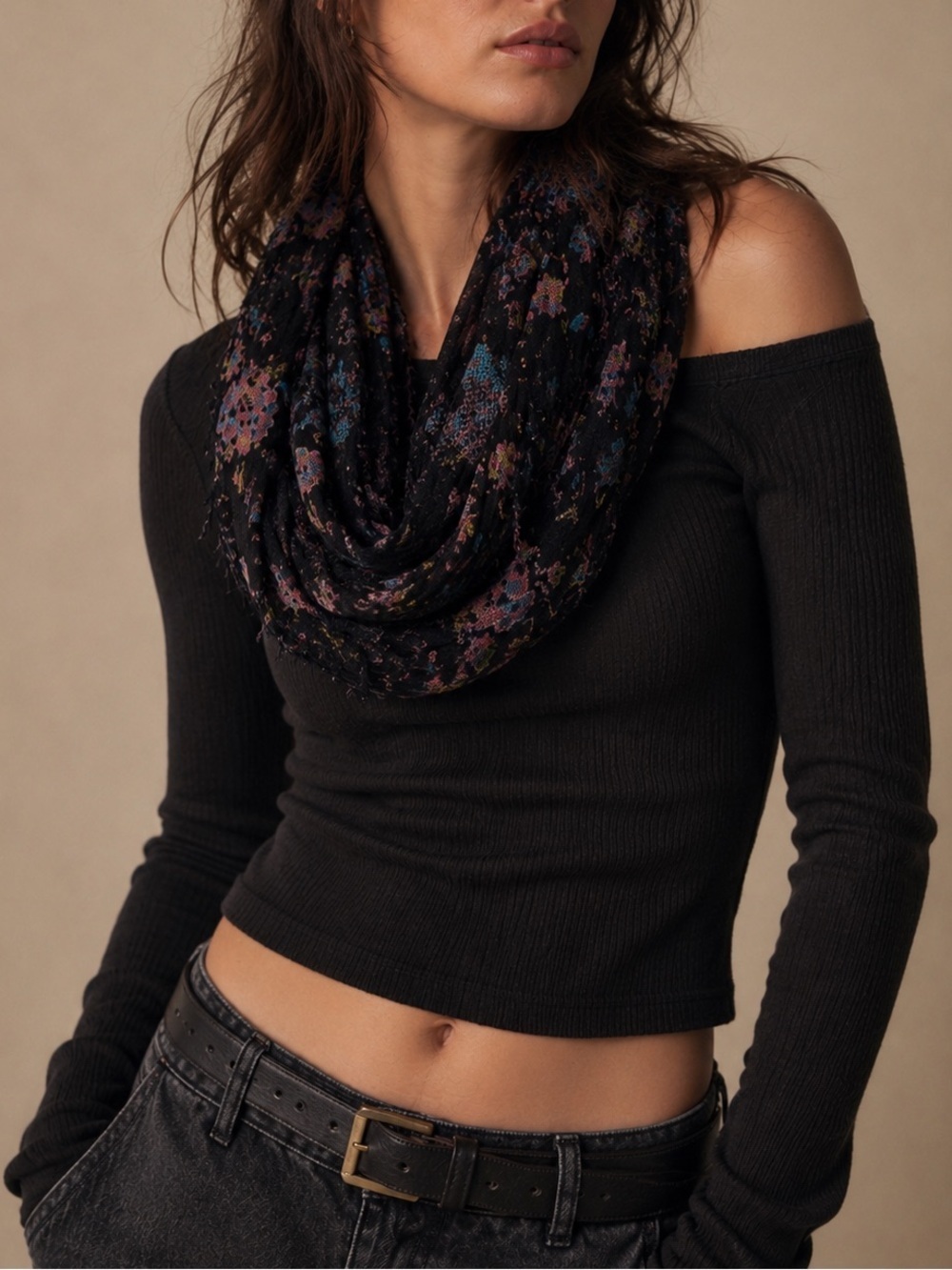NWT Urban Outfitters Ecote Black Floral Burnout Fringe Infinity Scarf Wrap‎